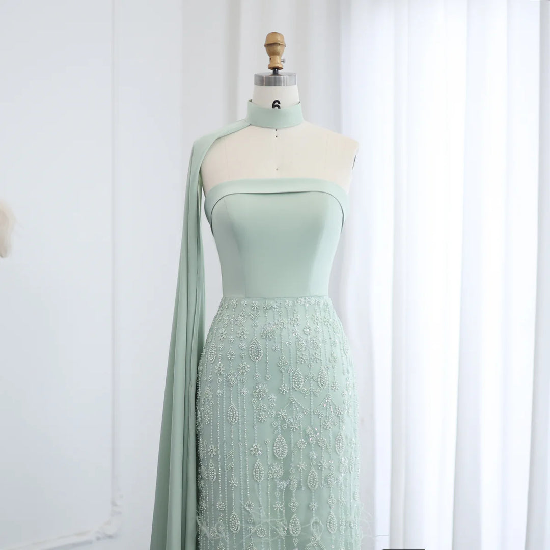 Luxury Sage Green Feathers Evening Dress with Scarf Cape SS014 DreamyVow Luxury Sage Green Feathers Evening Dress with Scarf Cape SS014 DreamyVow