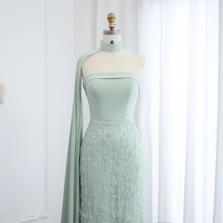 Luxury Sage Green Feathers Evening Dress with Scarf Cape SS014