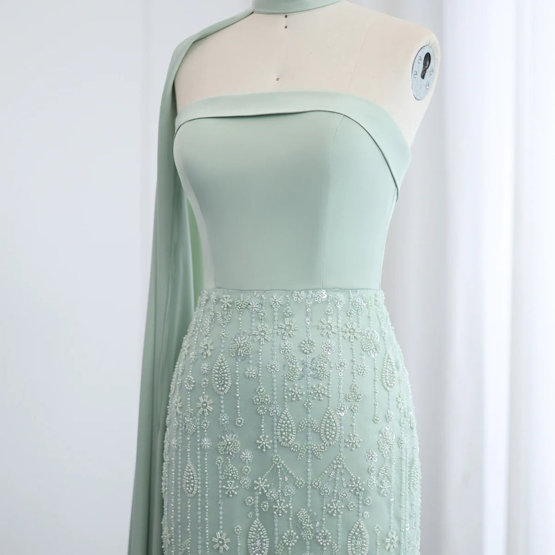 Luxury Sage Green Feathers Evening Dress with Scarf Cape SS014