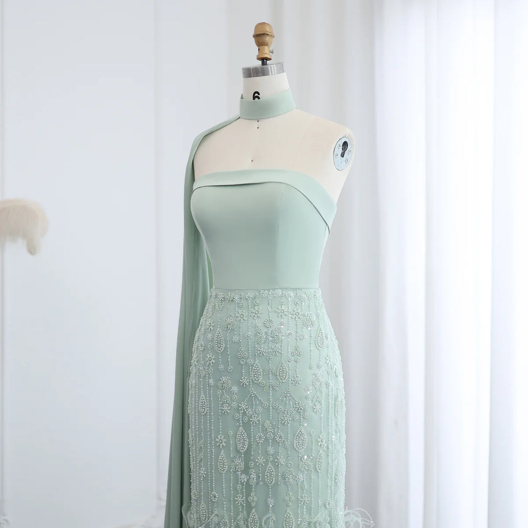 Luxury Sage Green Feathers Evening Dress with Scarf Cape SS014 Wine Red / 12 Luxury Sage Green Feathers Evening Dress with Scarf Cape SS014 Wine Red / 12