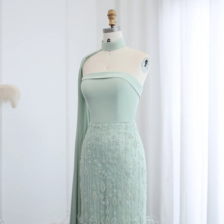 Luxury Sage Green Feathers Evening Dress with Scarf Cape SS014