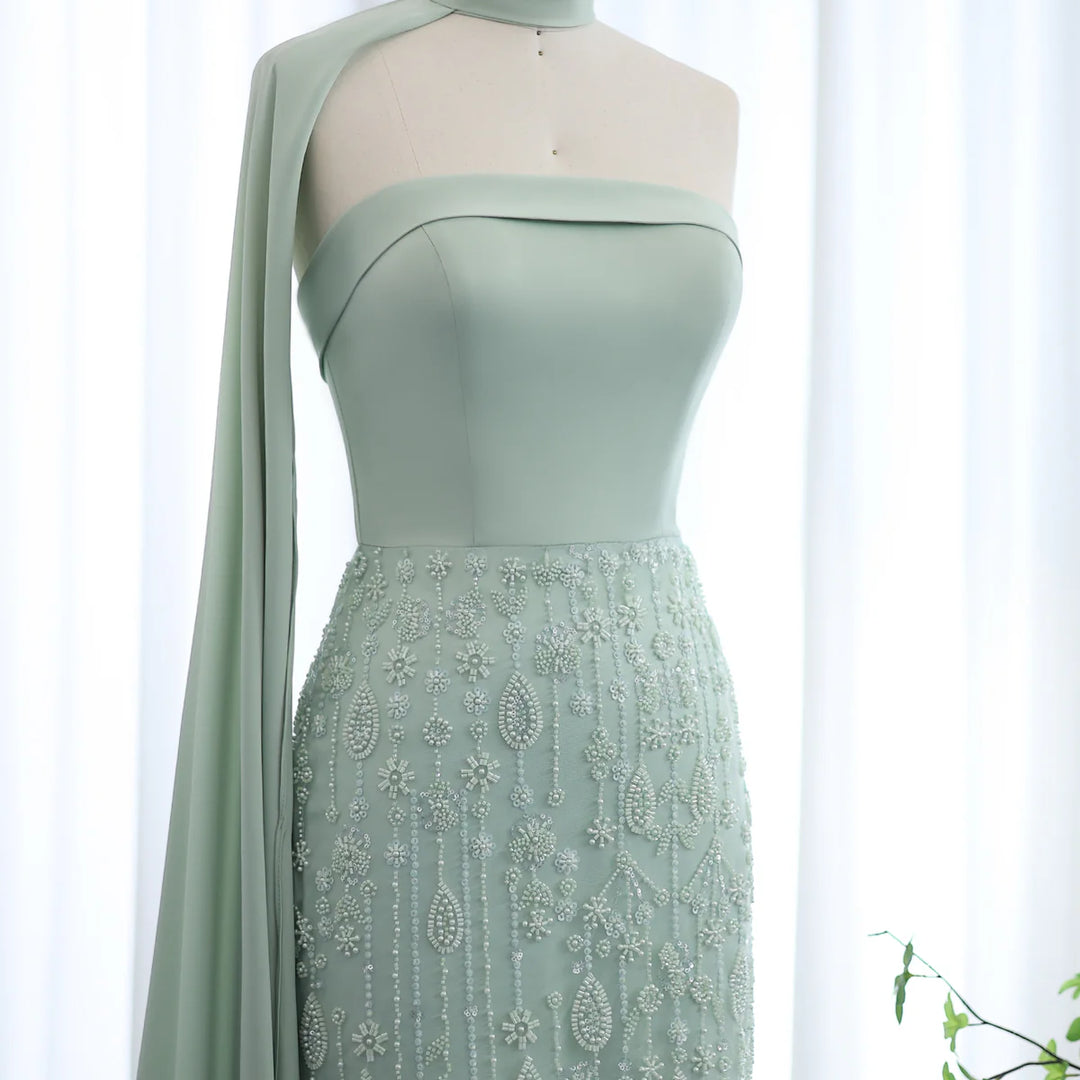 Luxury Sage Green Feathers Evening Dress with Scarf Cape SS014 DreamyVow Luxury Sage Green Feathers Evening Dress with Scarf Cape SS014 DreamyVow