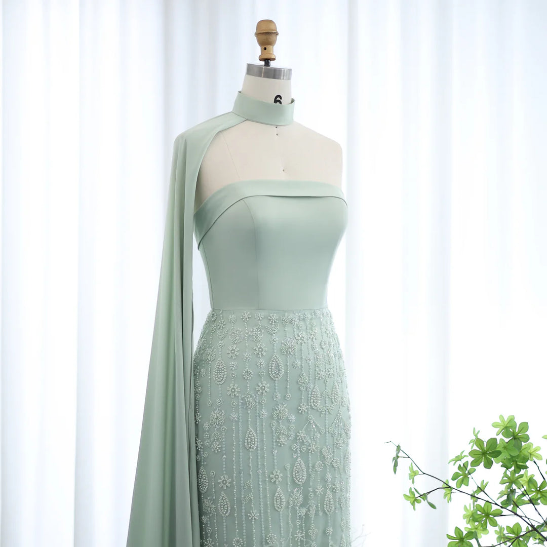 Luxury Sage Green Feathers Evening Dress with Scarf Cape SS014 Wine Red / 12 Luxury Sage Green Feathers Evening Dress with Scarf Cape SS014 Wine Red / 12