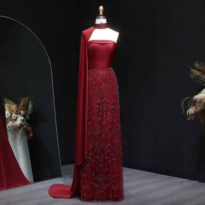 Luxury Sage Green Feathers Evening Dress with Scarf Cape SS014-DreamyVow