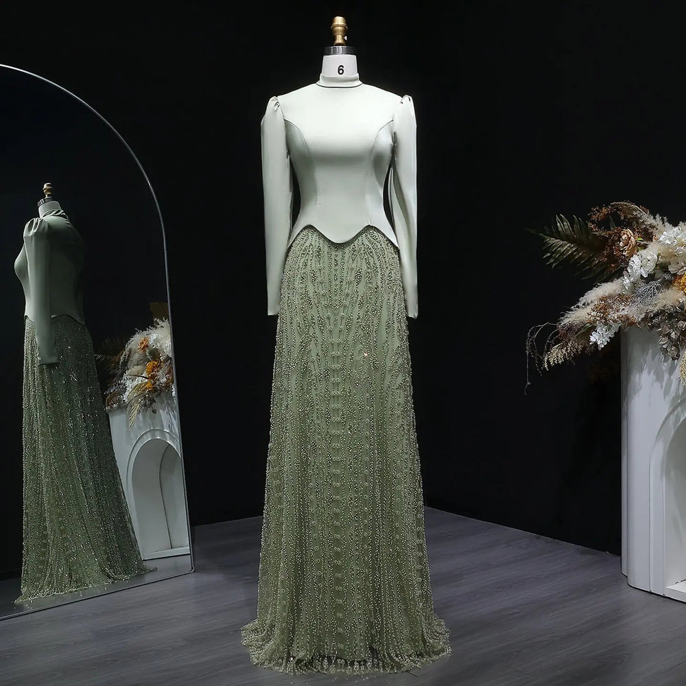 Luxury Sage Green Modest Hijab-Style beaded Evening Dress SS613-DreamyVow