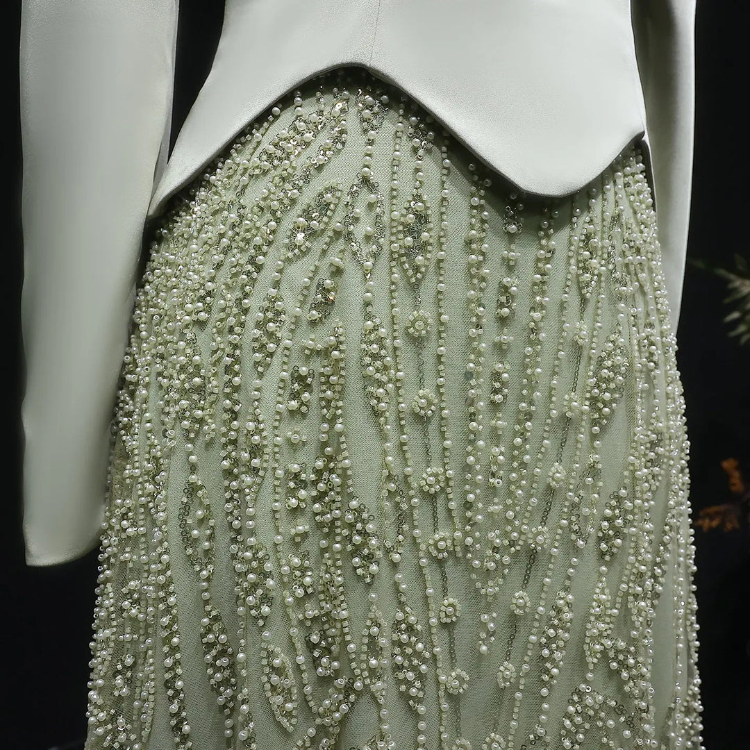 Luxury Sage Green Modest Hijab-Style beaded Evening Dress SS613 Green / 4