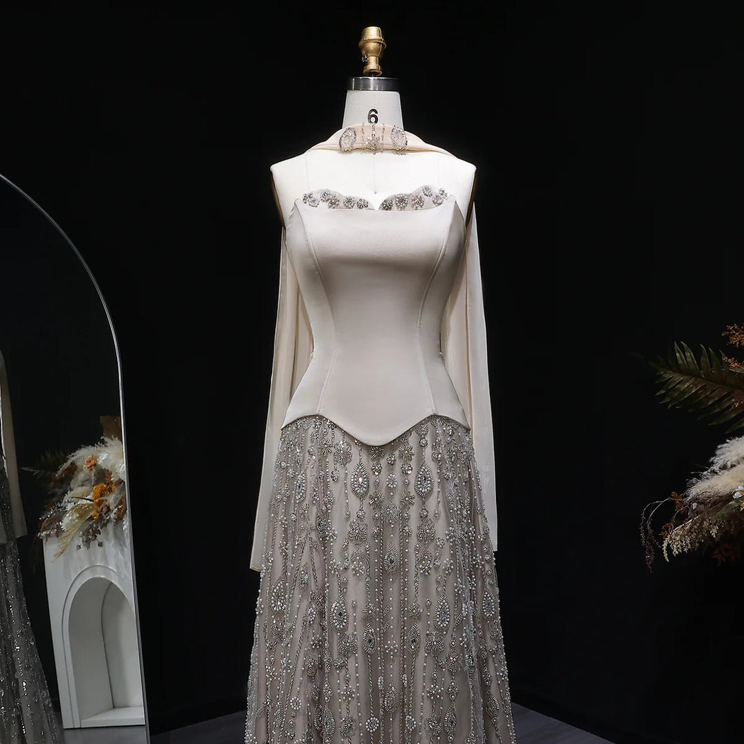 Luxury Sage Green Strapless Beaded Evening Gown with Scarf SS627-DreamyVow