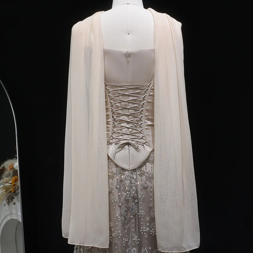 Luxury Sage Green Strapless Beaded Evening Gown with Scarf SS627-DreamyVow