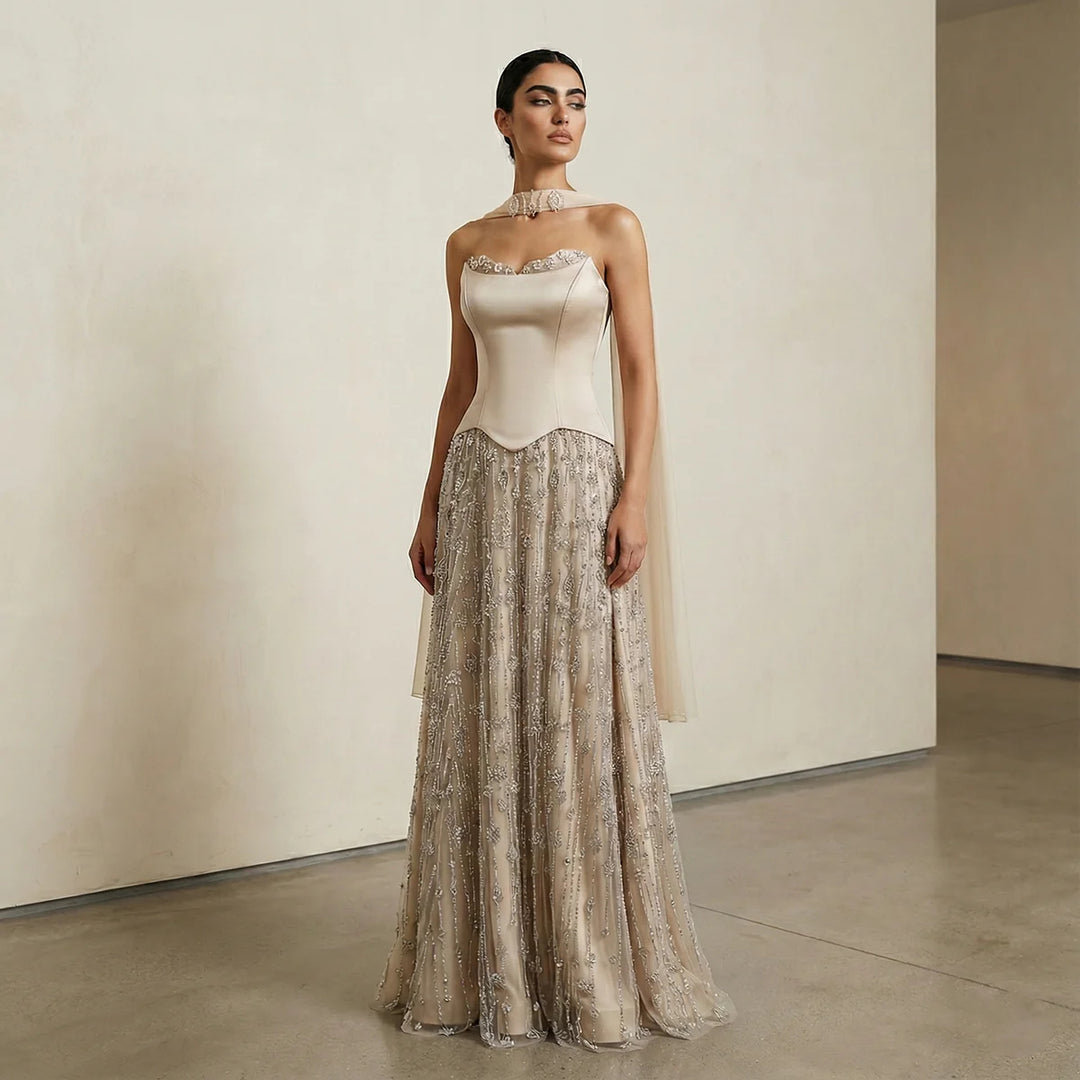 Luxury Sage Green Strapless Beaded Evening Gown with Scarf SS627-DreamyVow