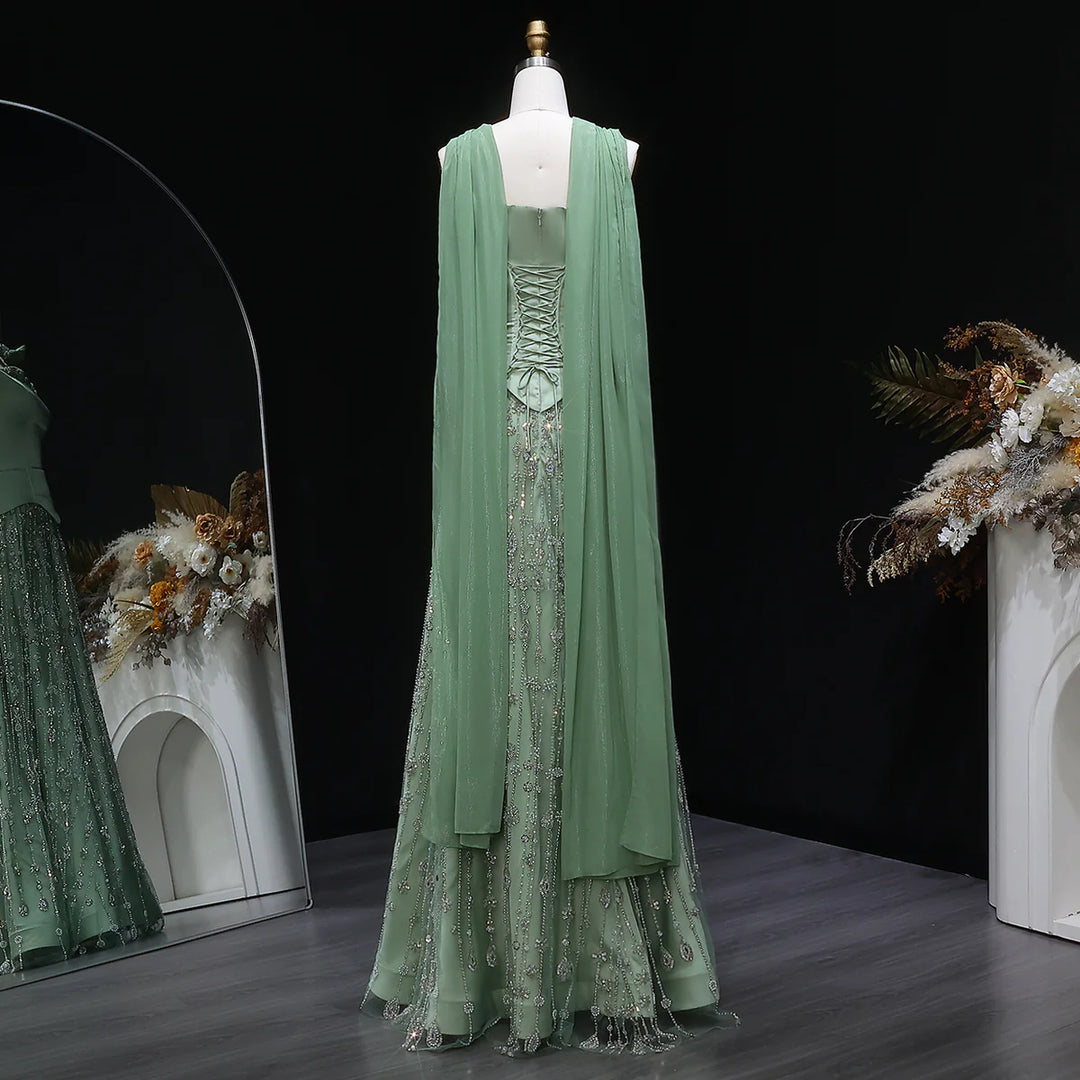Luxury Sage Green Strapless Beaded Evening Gown with Scarf SS627 Green / Custom Size Luxury Sage Green Strapless Beaded Evening Gown with Scarf SS627 Green / Custom Size