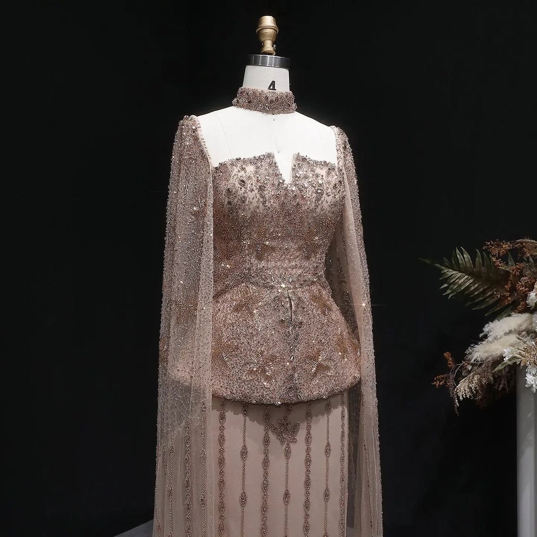 Luxury Silver Beaded Evening Gown with Cape Sleeve SS531-DreamyVow