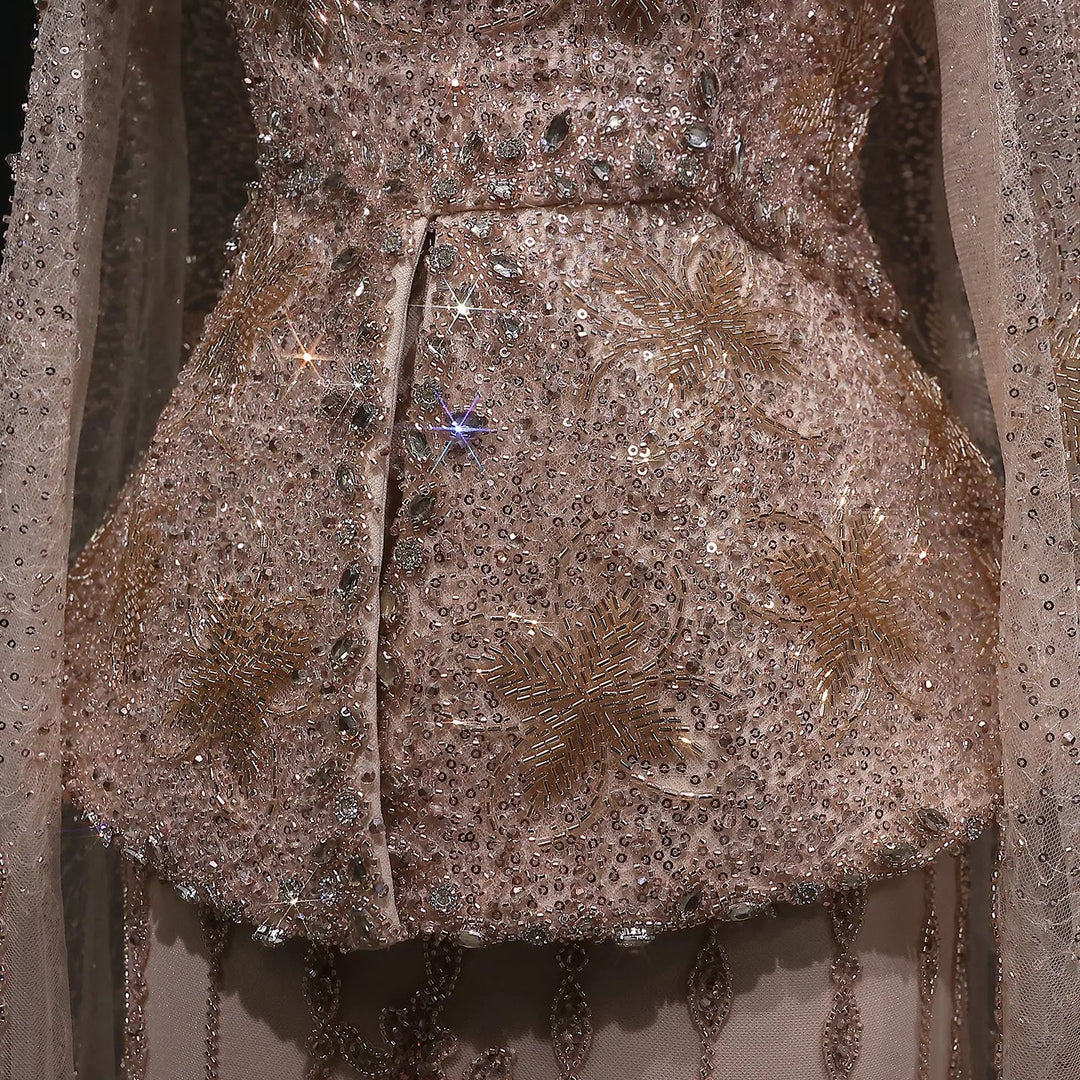 Luxury Silver Beaded Evening Gown with Cape Sleeve SS531-DreamyVow