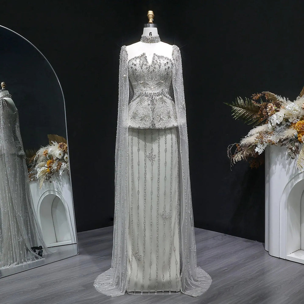 Luxury Silver Beaded Evening Gown with Cape Sleeve SS531-DreamyVow
