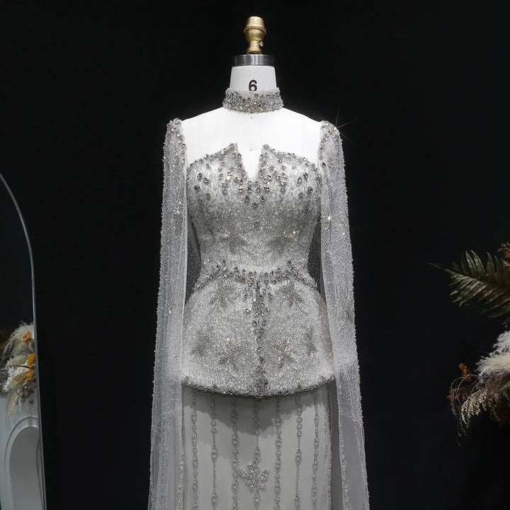 Luxury Silver Beaded Evening Gown with Cape Sleeve SS531-DreamyVow