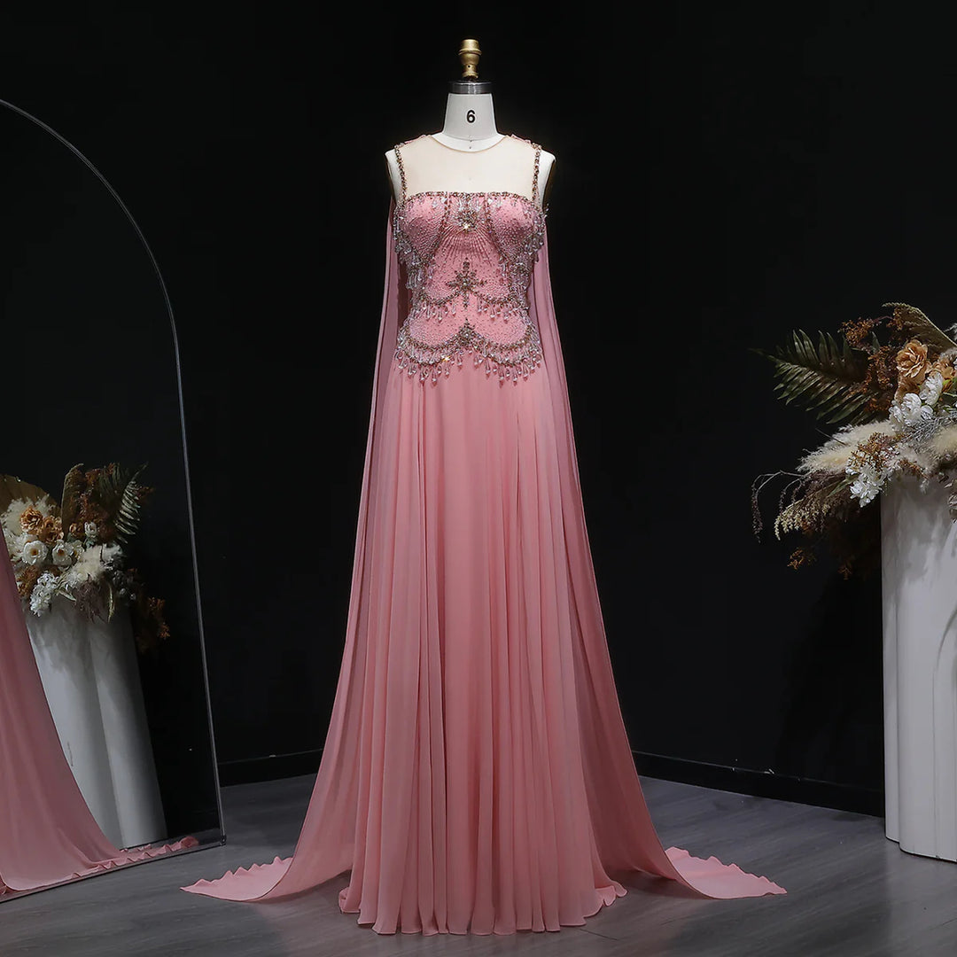 Luxury Silver Gray Beaded Crystal Prom Dress with Flowing Cape SS517-DreamyVow