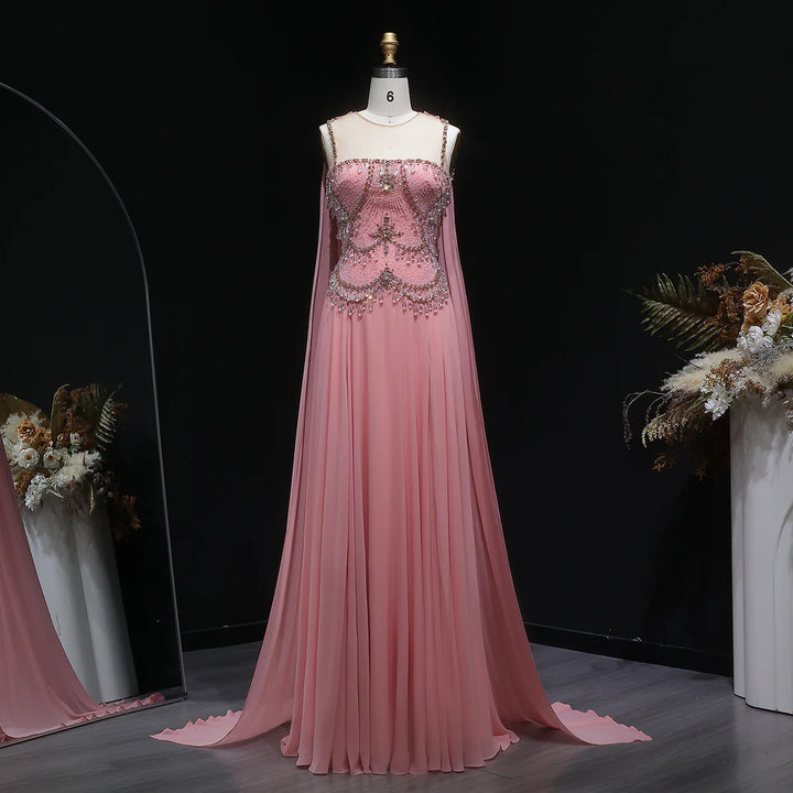 Luxury Silver Gray Beaded Crystal Prom Dress with Flowing Cape SS517-DreamyVow
