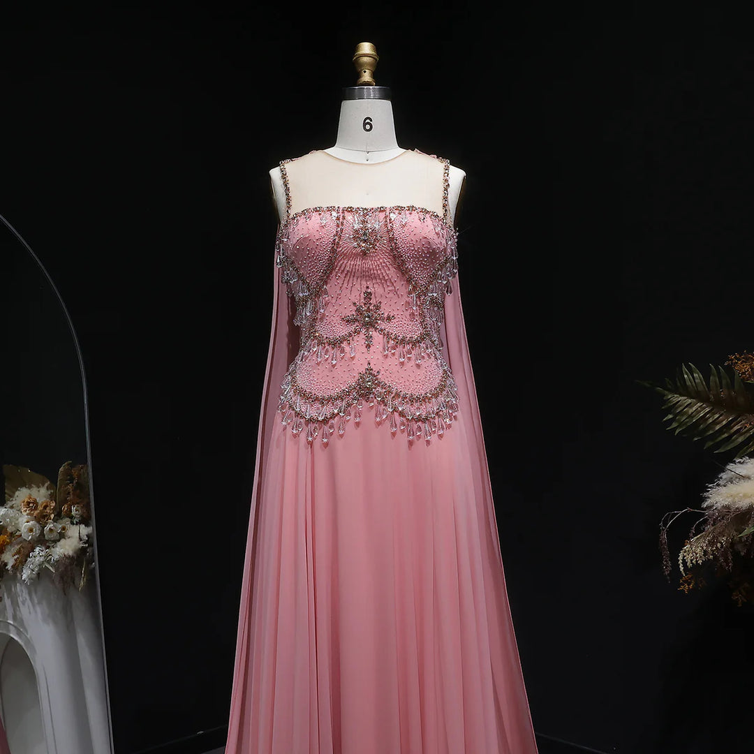 Luxury Silver Gray Beaded Crystal Prom Dress with Flowing Cape SS517-DreamyVow