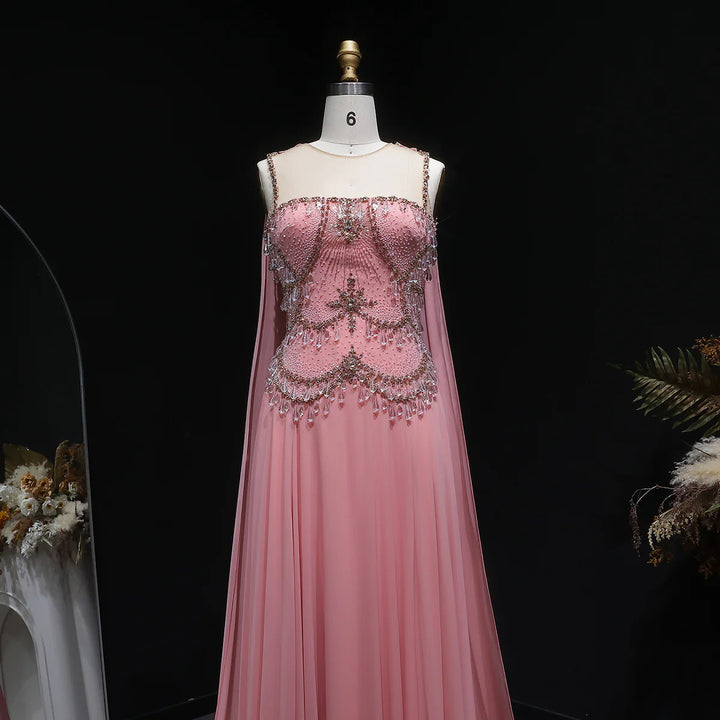 Luxury Silver Gray Beaded Crystal Prom Dress with Flowing Cape SS517-DreamyVow
