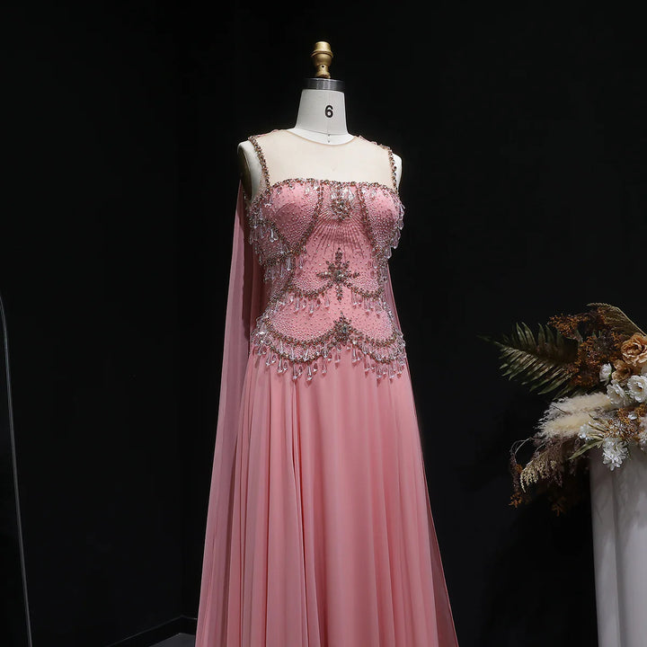 Luxury Silver Gray Beaded Crystal Prom Dress with Flowing Cape SS517-DreamyVow