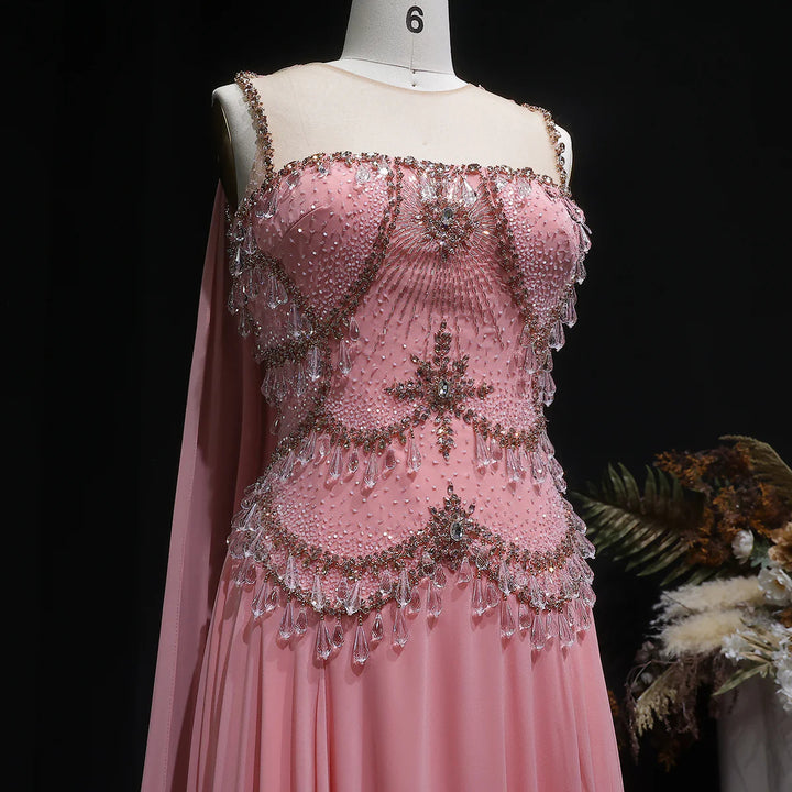 Luxury Silver Gray Beaded Crystal Prom Dress with Flowing Cape SS517-DreamyVow