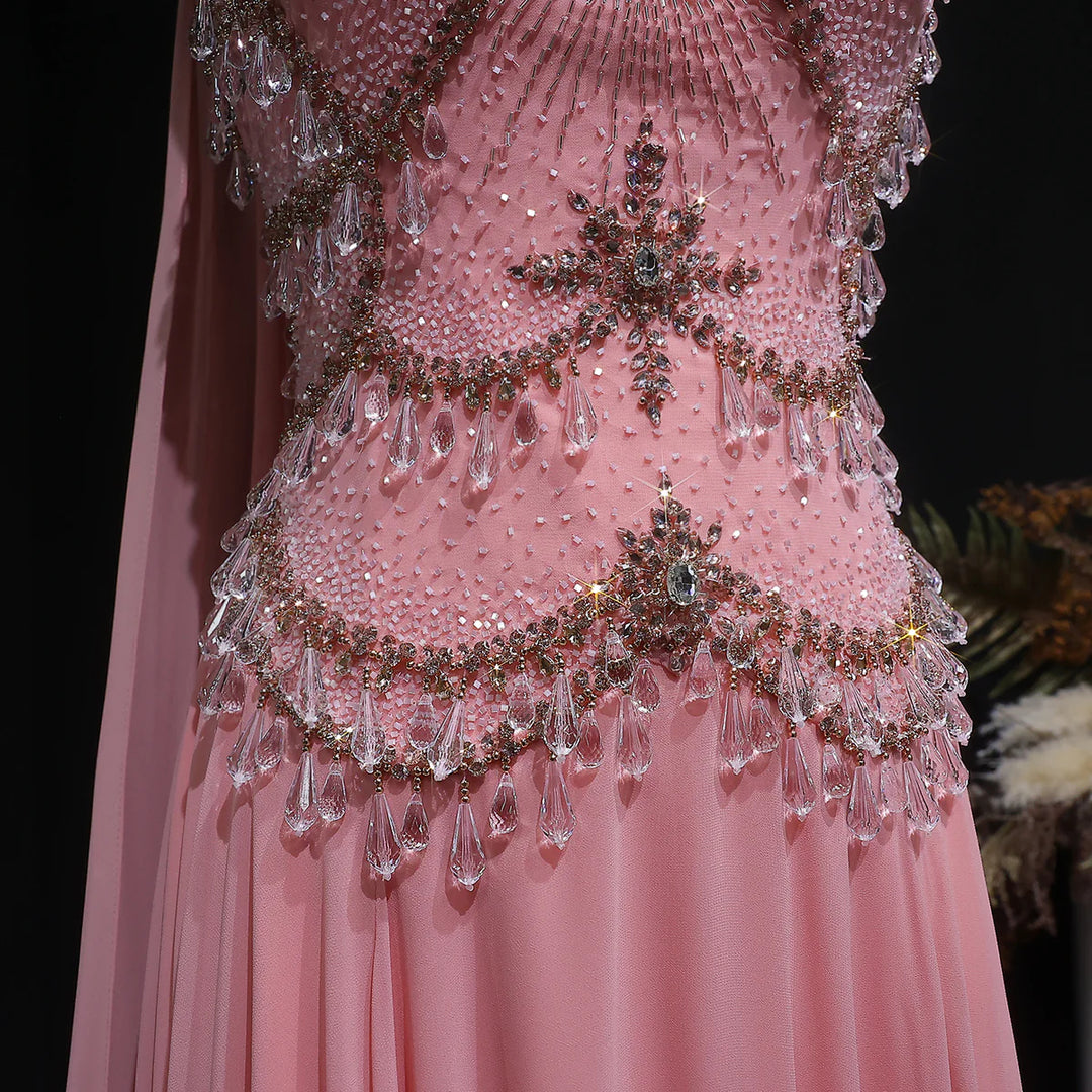 Luxury Silver Gray Beaded Crystal Prom Dress with Flowing Cape SS517-DreamyVow