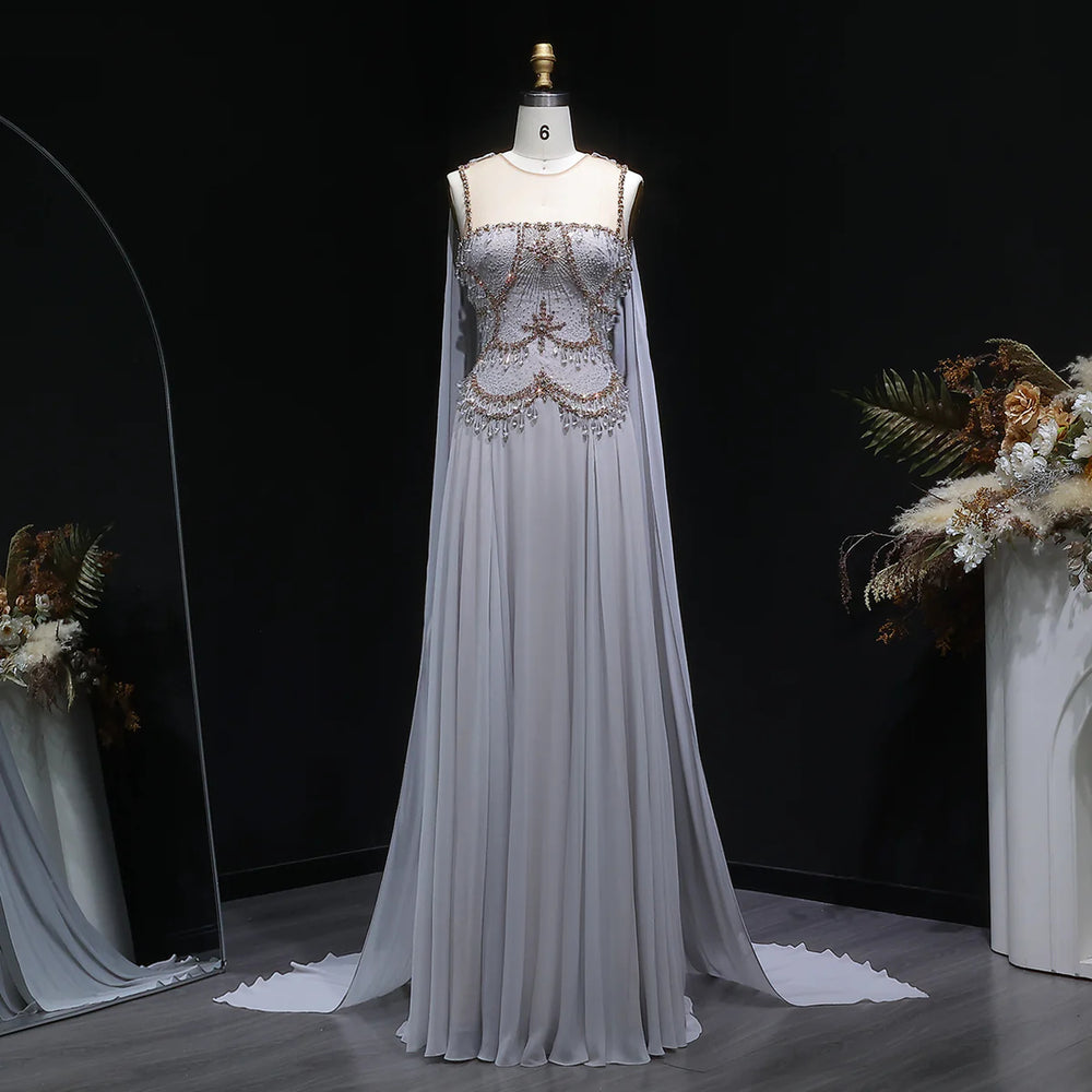 Luxury Silver Gray Beaded Crystal Prom Dress with Flowing Cape SS517-DreamyVow