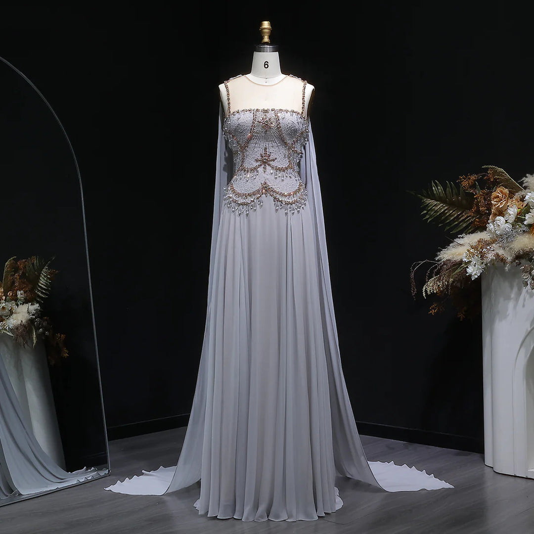 Luxury Silver Gray Beaded Crystal Prom Dress with Flowing Cape SS517-DreamyVow