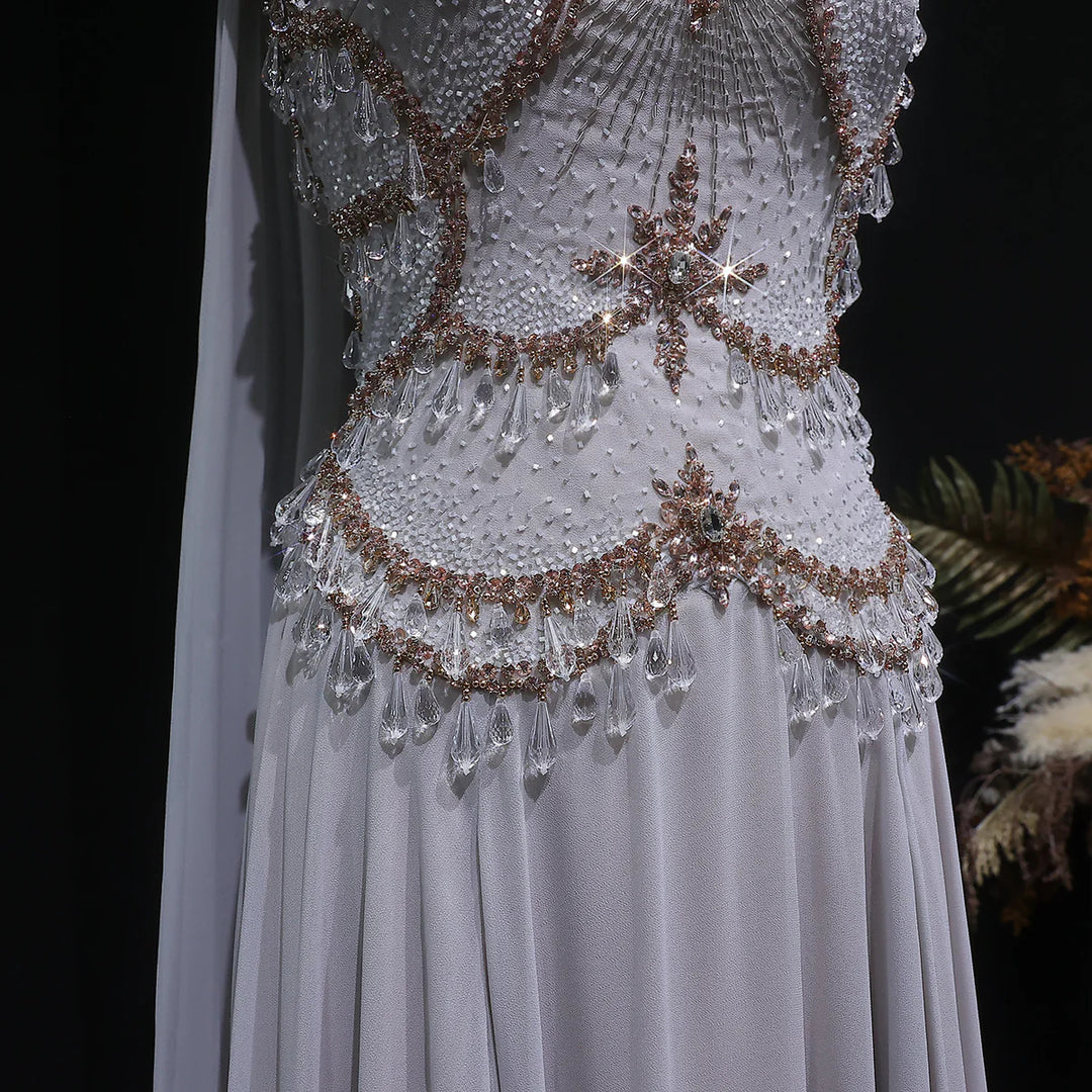 Luxury Silver Gray Beaded Crystal Prom Dress with Flowing Cape SS517-DreamyVow