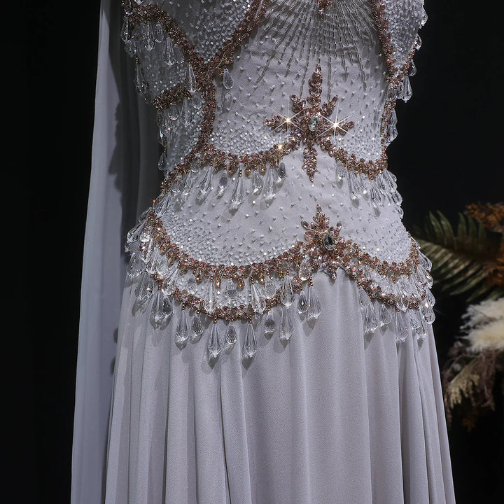 Luxury Silver Gray Beaded Crystal Prom Dress with Flowing Cape SS517-DreamyVow