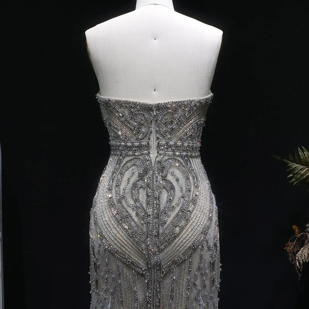 Luxury Silver Gray Beaded Feather Evening Dress Strapless Corset High Slit SS791-DreamyVow