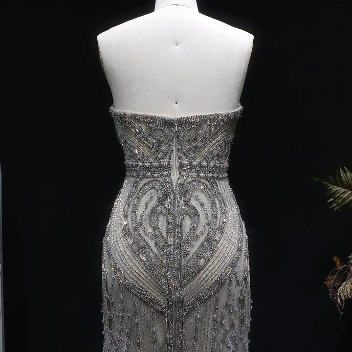 Luxury Silver Gray Beaded Feather Evening Dress Strapless Corset High Slit SS791-DreamyVow