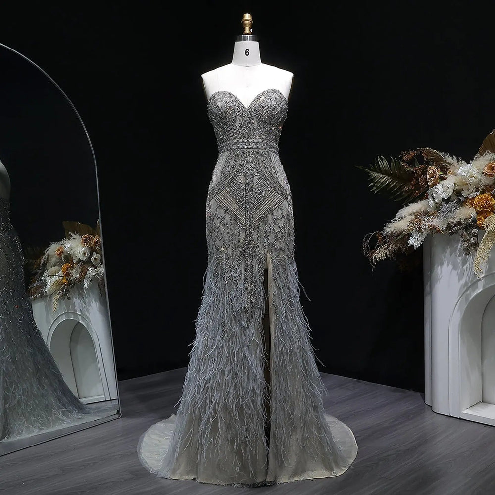 Luxury Silver Gray Beaded Feather Evening Dress Strapless Corset High Slit SS791-DreamyVow