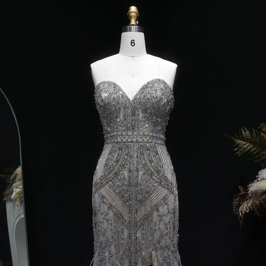 Luxury Silver Gray Beaded Feather Evening Dress Strapless Corset High Slit SS791-DreamyVow