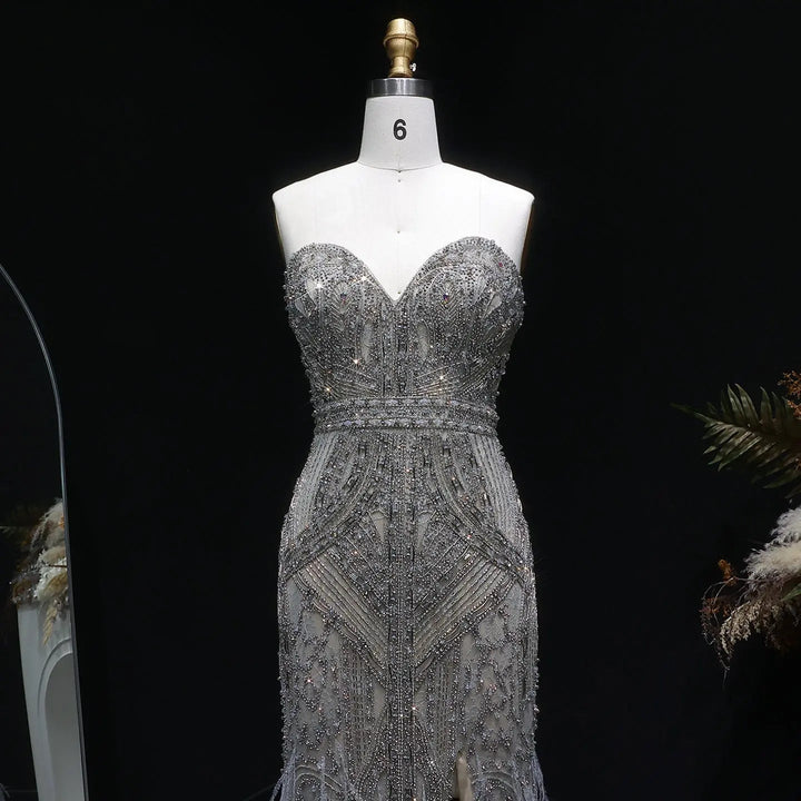 Luxury Silver Gray Beaded Feather Evening Dress Strapless Corset High Slit SS791-DreamyVow