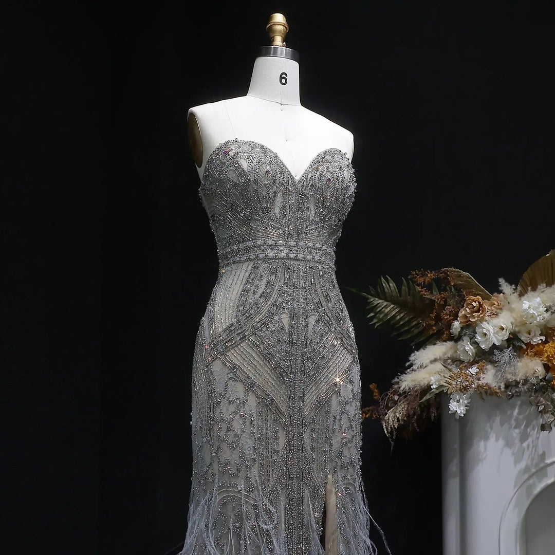 Luxury Silver Gray Beaded Feather Evening Dress Strapless Corset High Slit SS791-DreamyVow