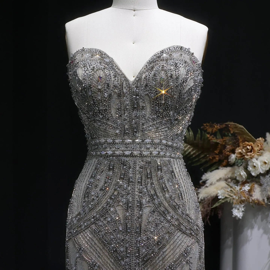 Luxury Silver Gray Beaded Feather Evening Dress Strapless Corset High Slit SS791-DreamyVow