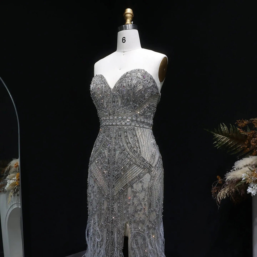 Luxury Silver Gray Beaded Feather Evening Dress Strapless Corset High Slit SS791-DreamyVow