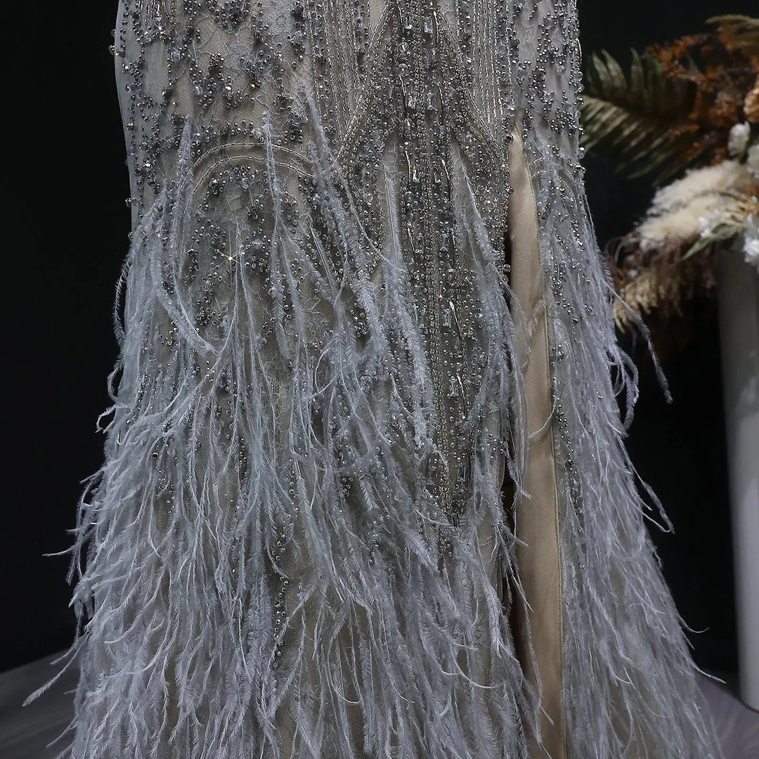 Luxury Silver Gray Beaded Feather Evening Dress Strapless Corset High Slit SS791-DreamyVow