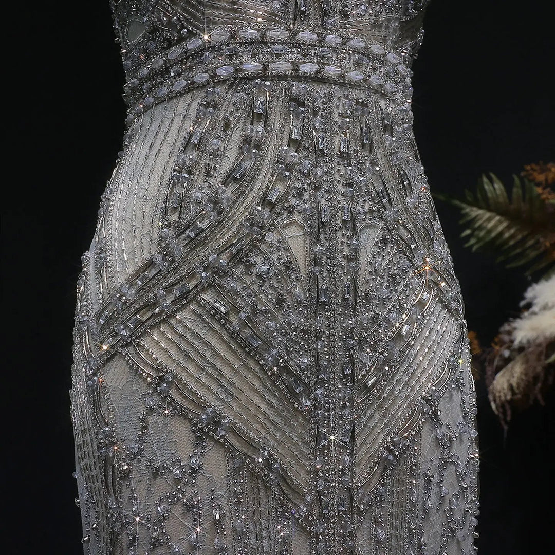 Luxury Silver Gray Beaded Feather Evening Dress Strapless Corset High Slit SS791-DreamyVow