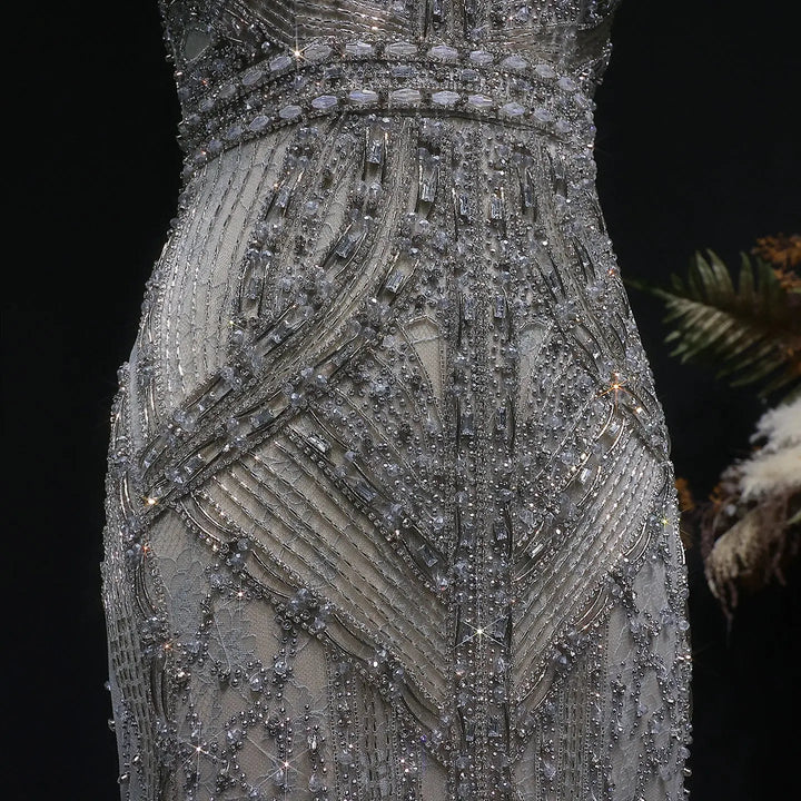 Luxury Silver Gray Beaded Feather Evening Dress Strapless Corset High Slit SS791-DreamyVow