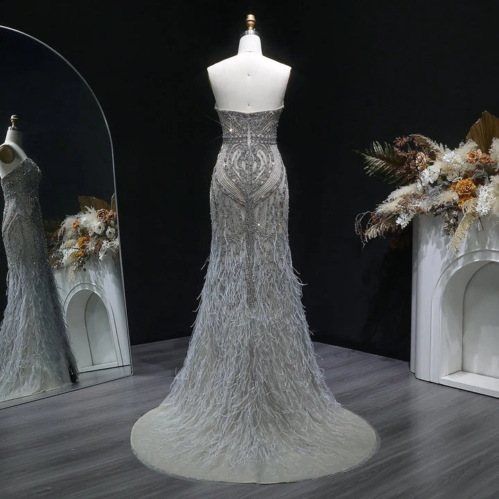 Luxury Silver Gray Beaded Feather Evening Dress Strapless Corset High Slit SS791-DreamyVow