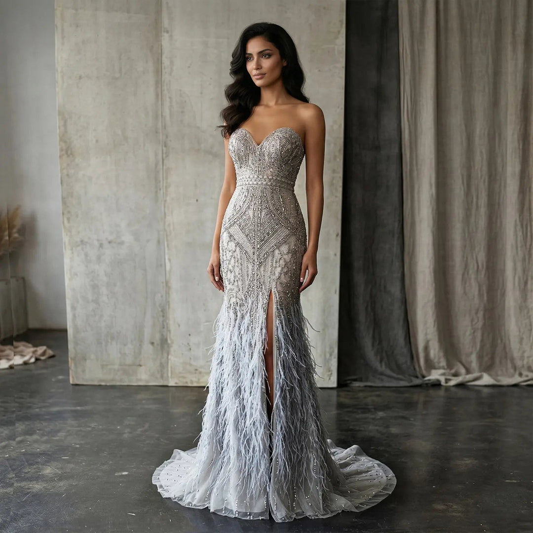 Luxury Silver Gray Beaded Feather Evening Dress Strapless Corset High Slit SS791-DreamyVow