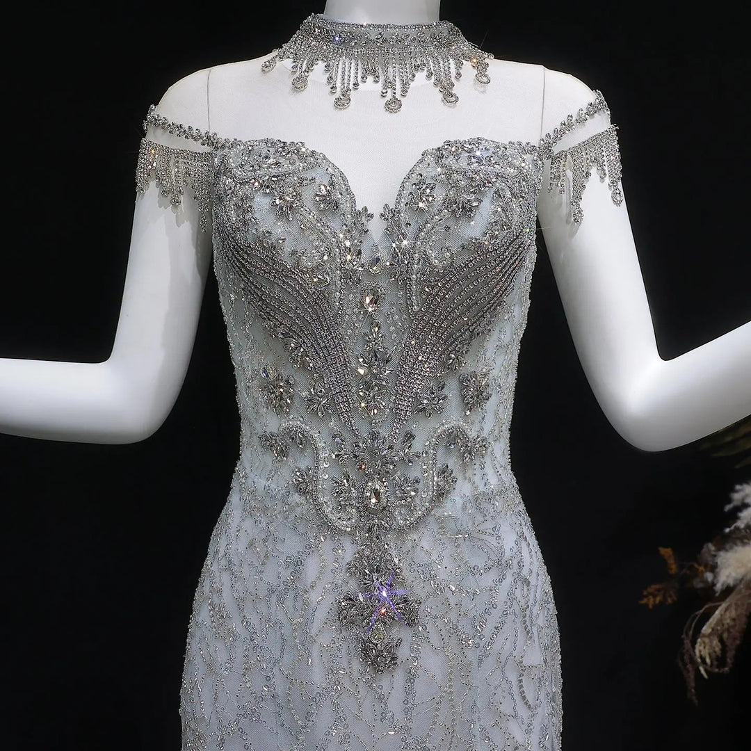 Luxury Silver Gray Beaded Tulle Train Evening Dress SS746-DreamyVow