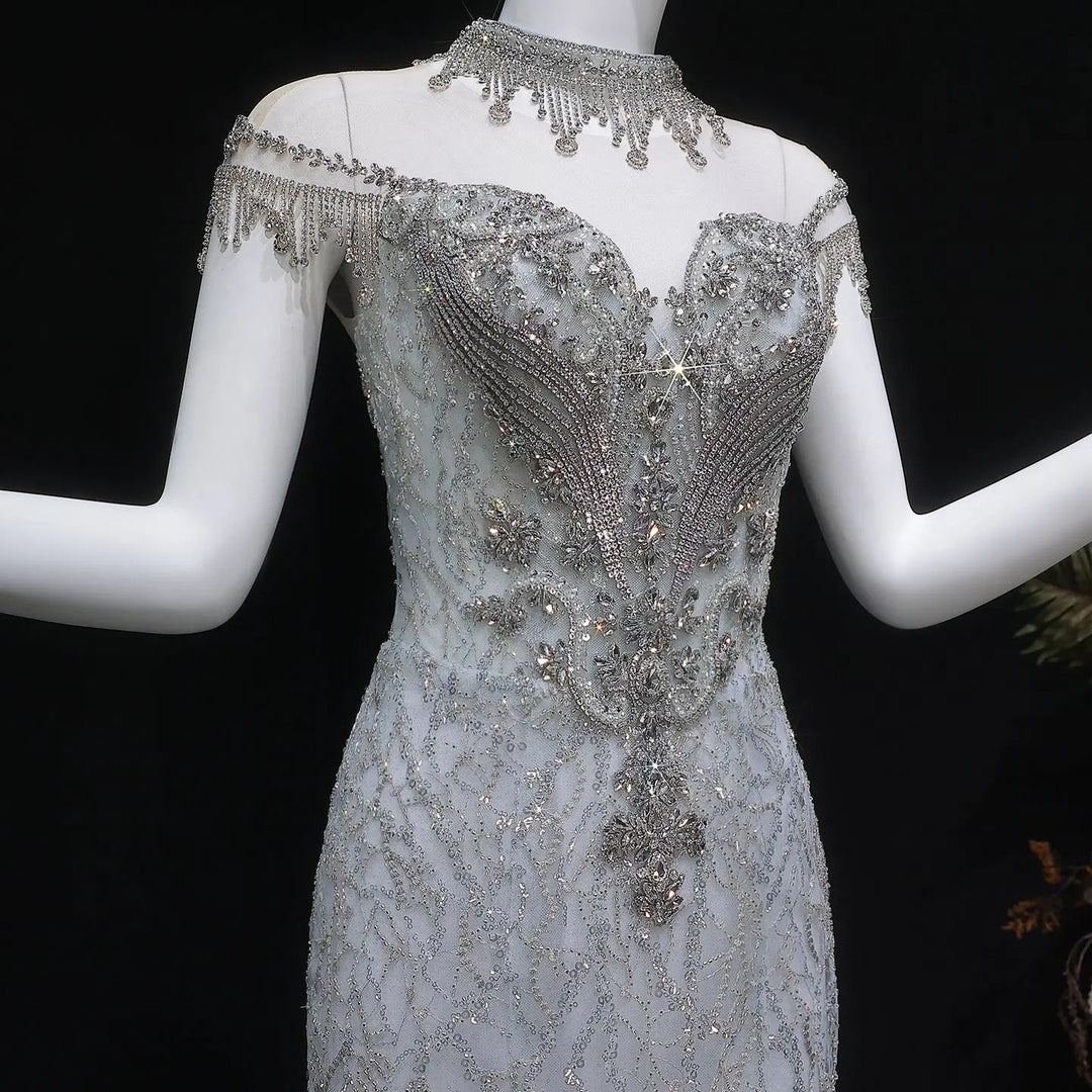 Luxury Silver Gray Beaded Tulle Train Evening Dress SS746-DreamyVow