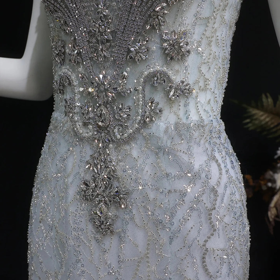 Luxury Silver Gray Beaded Tulle Train Evening Dress SS746-DreamyVow