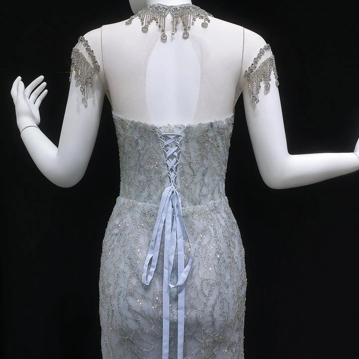 Luxury Silver Gray Beaded Tulle Train Evening Dress SS746-DreamyVow