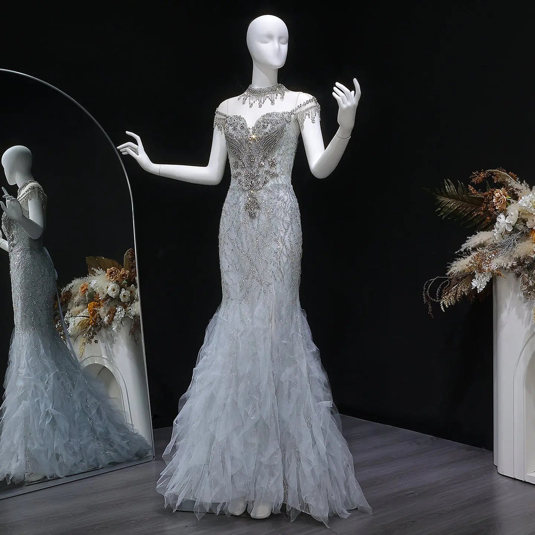 Luxury Silver Gray Beaded Tulle Train Evening Dress SS746-DreamyVow