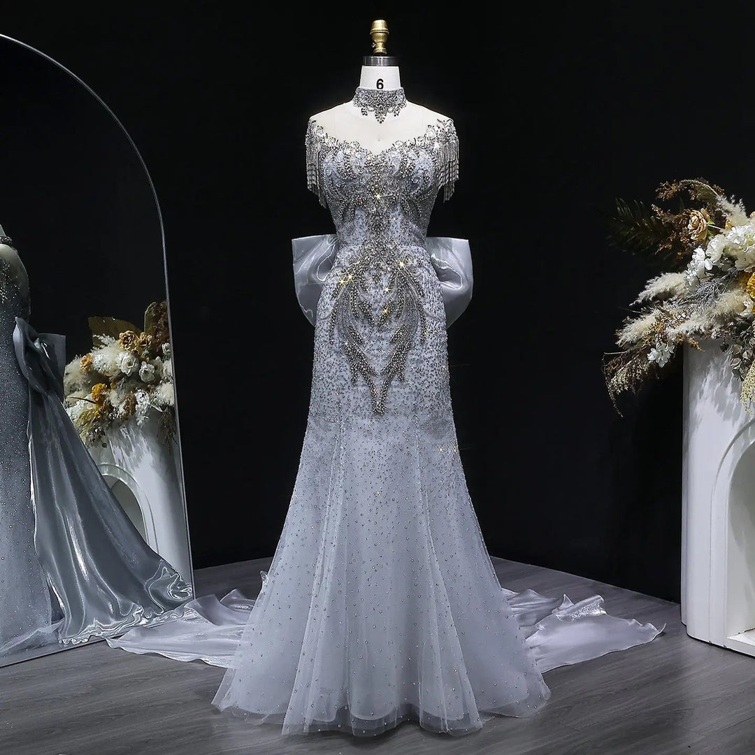 Luxury Silver Gray Crystal Embellished Evening Dress with Train SS722-DreamyVow