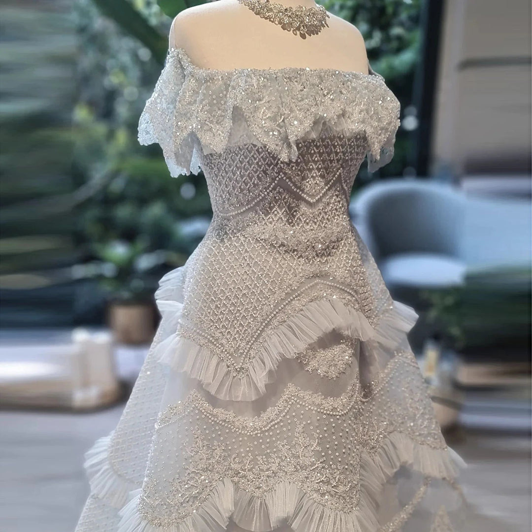 Luxury Silver Gray Off Shoulder Dubai Evening Dress SS485