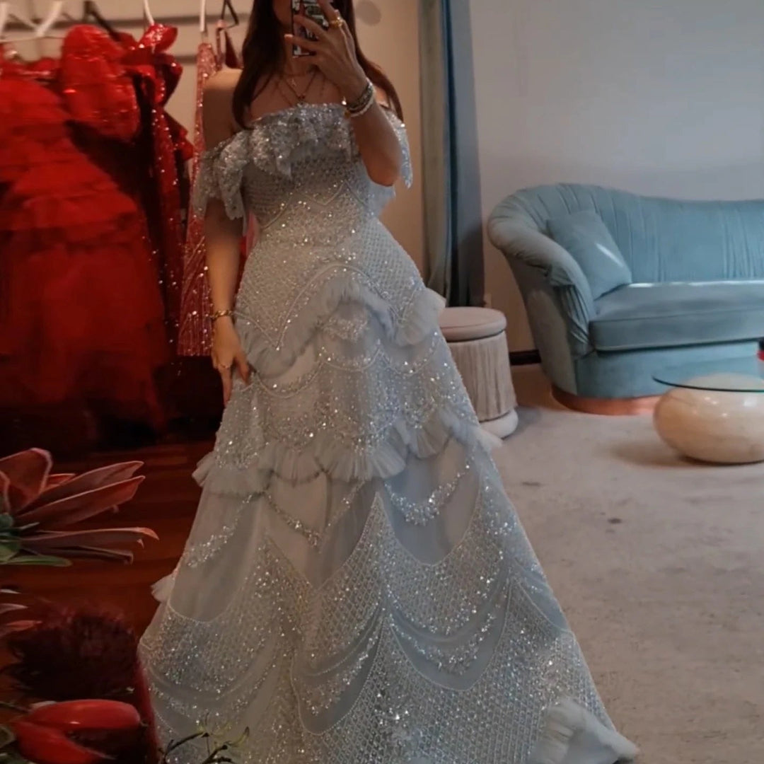 Luxury Silver Gray Off Shoulder Dubai Evening Dress SS485
